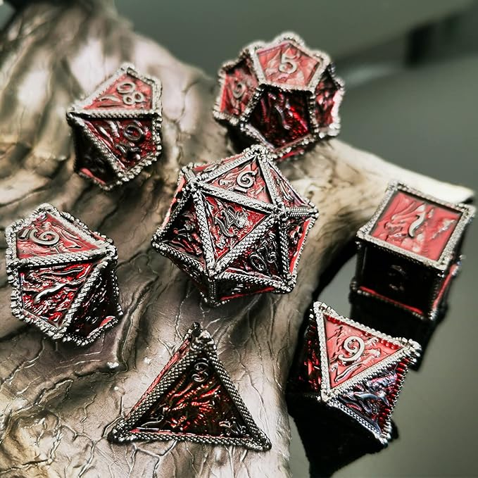 HAOMEJA DND Dice Metal Dragon Dice Set 7 Role Playing Dice D&D Solid Dice Dungeons and Dragons (Black Nickel Red)