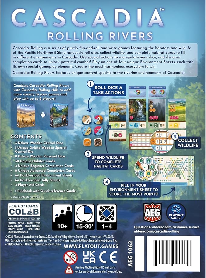 AEG & Flatout Games | Cascadia:Rolling Rivers Roll & Write Puzzly Dice Game | Explore The Pacific Northwest, Build Ecosystems | Ages 10+ | 1-4 Players