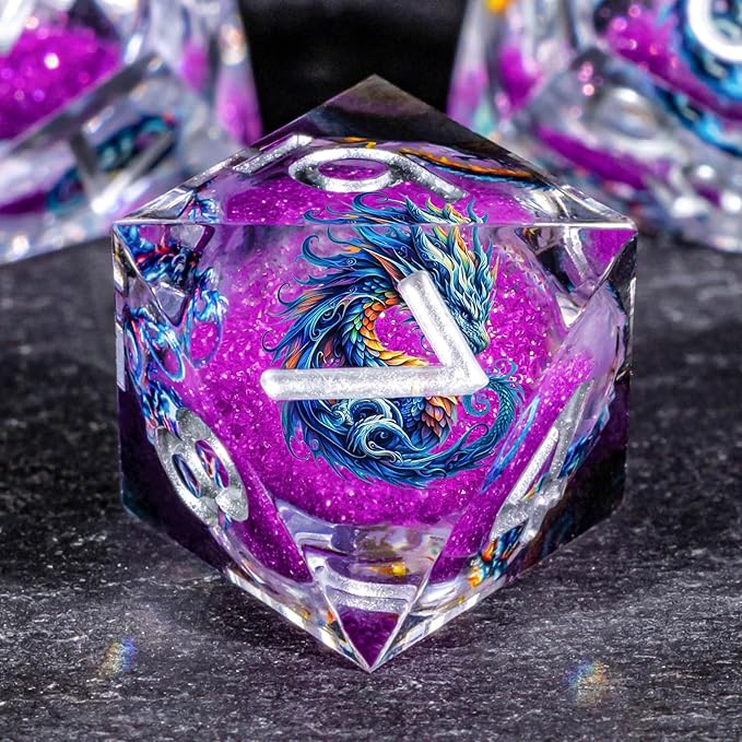 OUKELANWO Liquid Core Dragons Stickers DND Dice Set D&D, 7Pcs Dungeons D and D Role Playing Dice with Gift Box, Resin Sharp Edge Dice D20 D12 D10 D8 D6 D4, Purple White