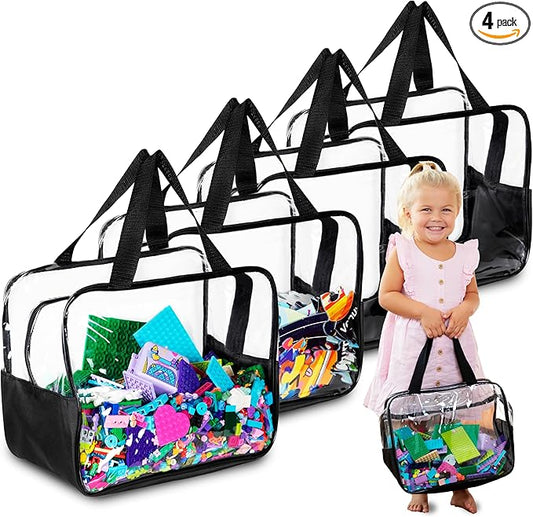 4 Pack Extra Large Toy Storage Clear Bags with Zipper 12"x10"x7" Clear Plastic Bins with Handle, Toy Organizer for Kids playroom, Blocks, Clothes, Stuffed Animal Storage