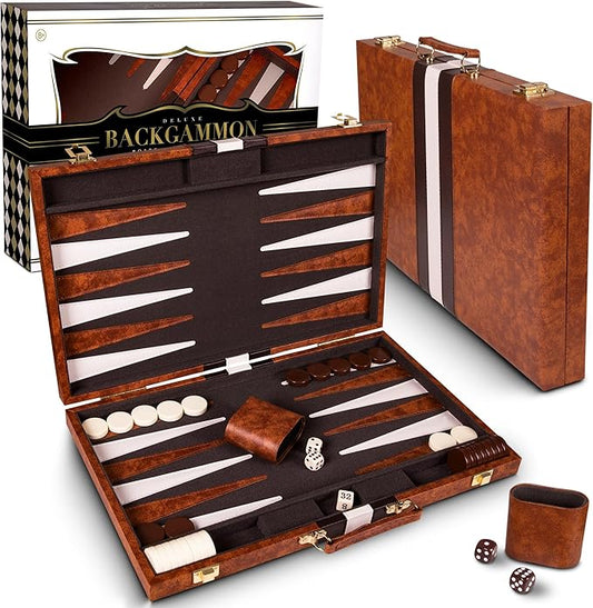 Backgammon Set 15 inch, Medium - Classic Board Game for Adults and Kids with Premium Leather Case - Includes Strategy & Tip Guide (Brown)