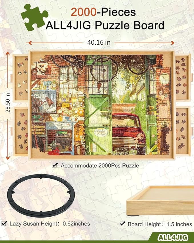 ALL4JIG 2000 Piece Rotating Puzzle Board with Drawers and Cover, 28.5"x40.1"Portable Wooden Jigsaw Puzzle Table for Adults Portable, Lazy Susan Spinning Boards Birthday Gift for mom