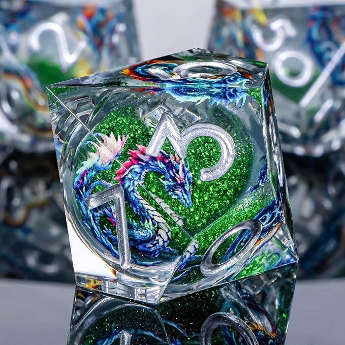 Dragon Pattern Liquid Core DND Dice Set, 7Pcs Resin Sharp Edge D&D Dice with Gift Box, Green Dungeons Dragons D and D Role Playing Game Dice D20 D12 D10 D8 D6 D4