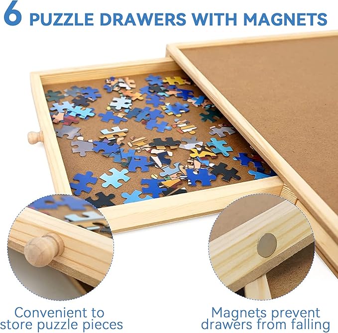 WOOD CITY Puzzle Board, 1500 Piece Wooden Jigsaw Puzzle Board with Drawers, 35” x 27” Portable Puzzle Table with Covers and Lazy Susan, Rotating Jigsaw Puzzle Table for Kids and Adults (1500PCS)