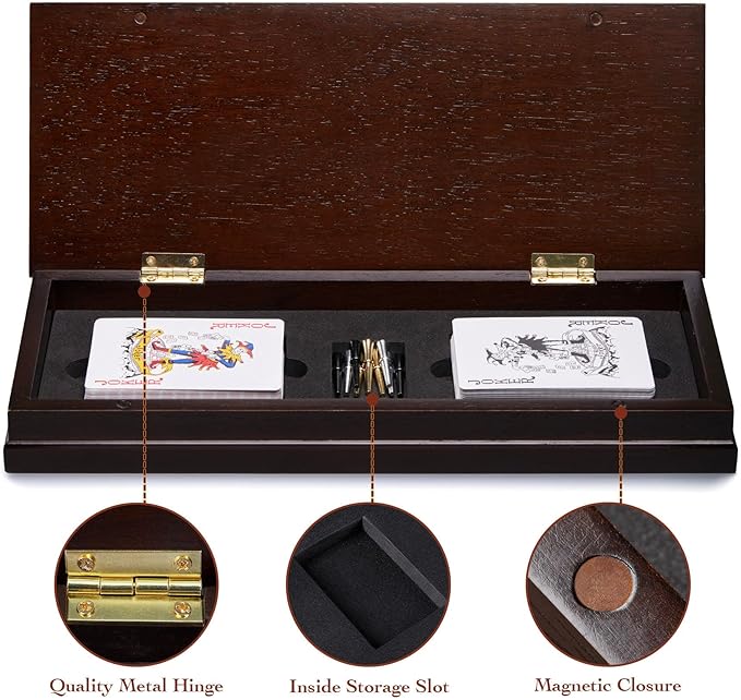 AMEROUS Wooden Cribbage Board Game Set with Magnetic Lock / 9 Metal Pegs / 2 Decks of Playing Cards/Larger Storage Area/Instruction, Classic Tabletop Game for Family (3 Track Board)