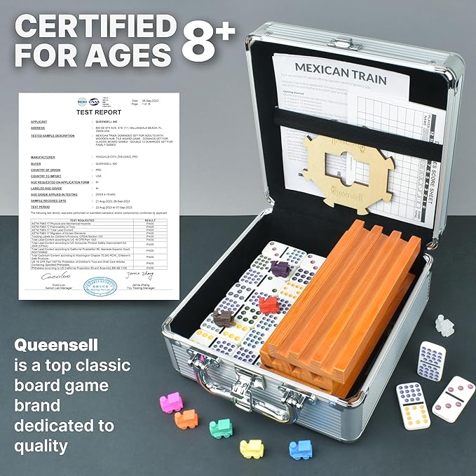 Queensell Mexican Train Dominoes Set Double 15 with 8 Holders - Wooden Hub and Tiles Holders - Double 15 with Dots (D15 + 8 Holders)