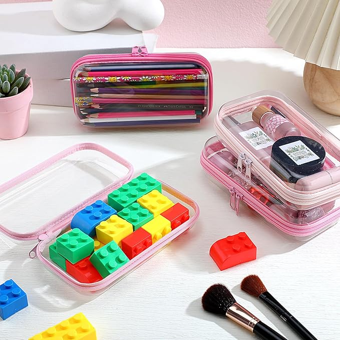 Hoolerry 4 Pcs Hard Clear Zipper Case Transparent Cases for Snacks Makeup Bag Plastic Storage Box Containers for Building Blocks, Puzzles, Cosmetics(Pink,7.5 x 3.9 x 2 in)