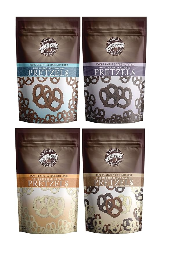 Vermont Nut Free Chocolates Covered Mini Twist Pretzels (Assorted) 7 Ounces, Nut-Free, Egg-Free, Kosher