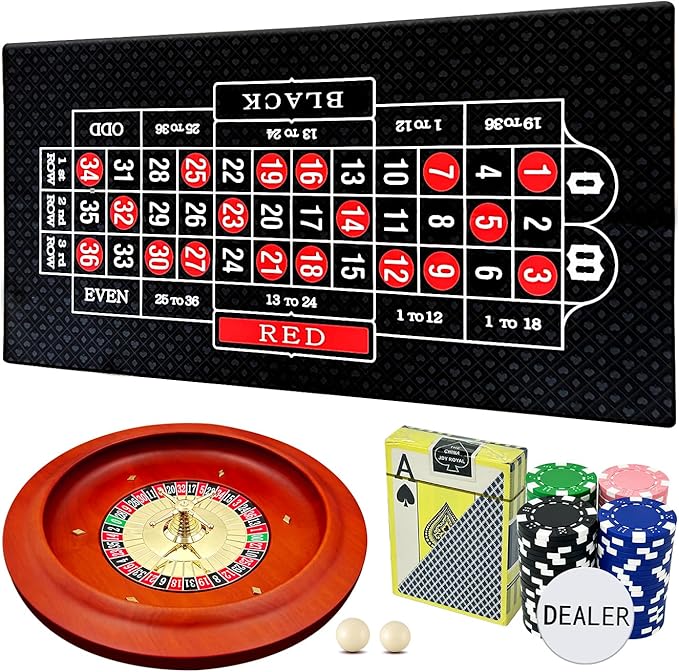 11 inch Solid Roulette Wheel Set with 47.2 x 22.8 Inch Double Sided Table Layout Felt Mat, 100 ABS Chips, and Dealer Button Playing Cards Casino Roulette Game Sets for Adults