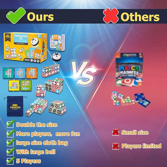 XXL Funtactics Wooden Matching Game Puzzle 3.0 Games, Pattern Block Match Puzzles Building Cubes with Bell for Kids and Adults Toys Board Games for Family Holidays Night 5 Players