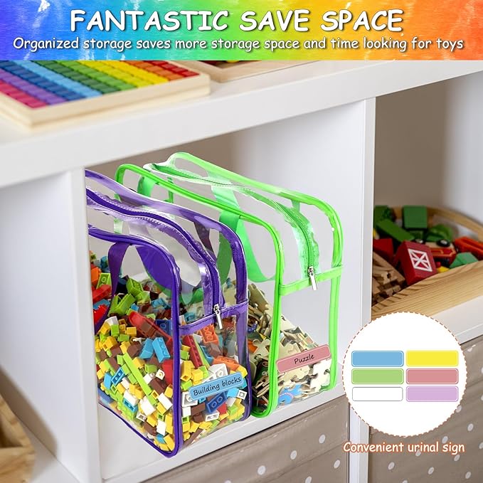6 Packs Large Toy Storage Bags with Labels, Reusable Clear PVC Board Game Storage, Travel Waterproof Organizer Bags with Zipper for Building Blocks, Puzzle, Kids Books(6 Colors)