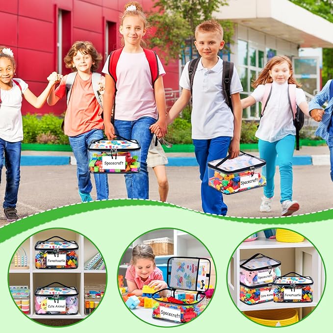 Upgraded 6 Pack Clear Toy Storage Bag - with Name Tag & Manual Pocket, Transparent PVC Toy Organizer Case with Zipper for Board Game, Building Blocks, Puzzles, Large Capacity for Kids Ages 6+ (Black)