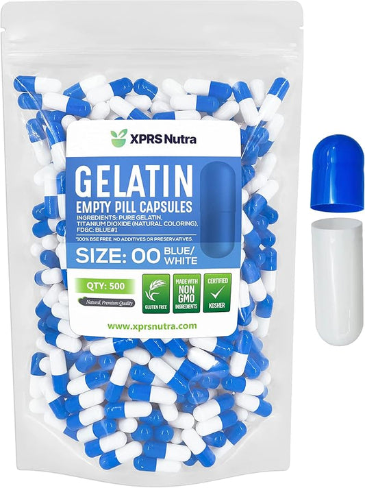 XPRS Nutra Size 00 Empty Capsules - 500 Count Empty Gelatin Capsules - Empty Pill Capsules - DIY Capsule Filling - Fillable Pill Capsules Empty Gel Caps (Blue/White)