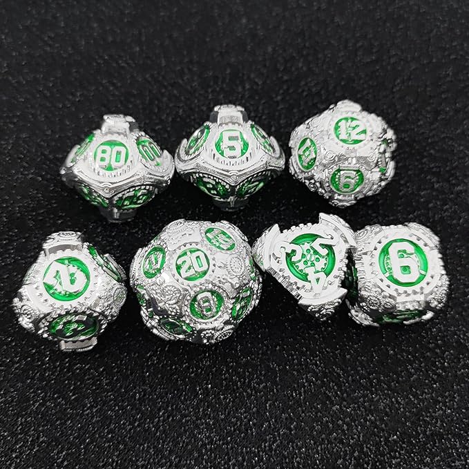 Geakeeper Construct D&D Dice, Metal DND Dice Set, 7Pcs Polyhedral Dragon Metallic D&D Dice with Gift Case for Dungeons and Dragon Game, RPG Role Playing Table Game Gifts (Green Silver)