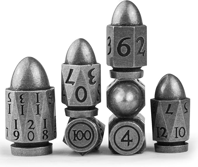 Dice Set PCCECQEE Bullet Dice,Metal D&D Dice for Dungeons and Dragons,7Piece for Role Playing Game (Antique Sliver)