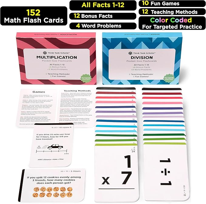 Think Tank Scholar Multiplication and Division Flash Cards (300 Facts), Award Winning, Math Facts 1-12 Flashcards Set - Kids Ages 8+ 3rd, 4th, 5th, 6th Grade - 6 Teaching Methods, 5 Games for Learning