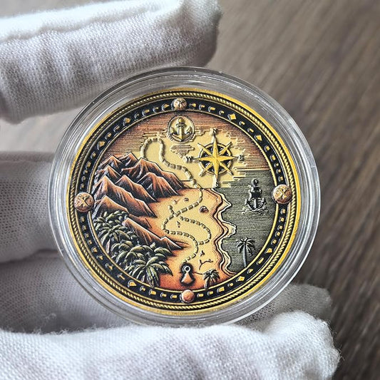 Pirate Challenge Coin – Adventure-Themed Zinc Alloy Coin with Treasure Map Design – 1.57 Inch Collectible Coin with Skull and Cross Swords   