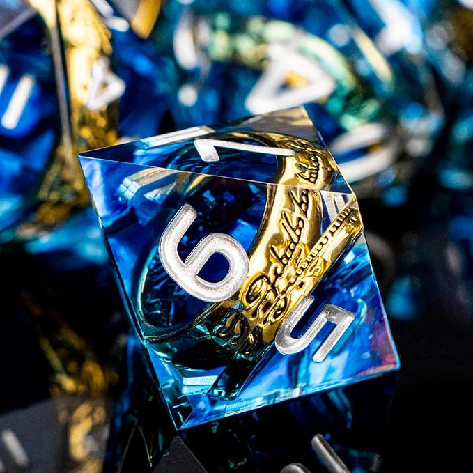 Magic Golden Ring DND Dice Set with Dice Box, Blue Resin Sharp Edge D and D Dice for use with D&D Tabletop Games Handmade Lord Polyhedral Dice Set D20 D12 D10 D8 D6 D4