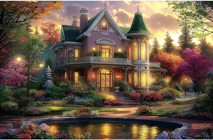 Victorian House Sunset 500 Piece Puzzle for Adults - Jigsaw Puzzles with Autumn Flowers & Scenic Landscape - Lakeside Cottage Challenging Puzzles for Adults & Seniors Gift (23"x15")