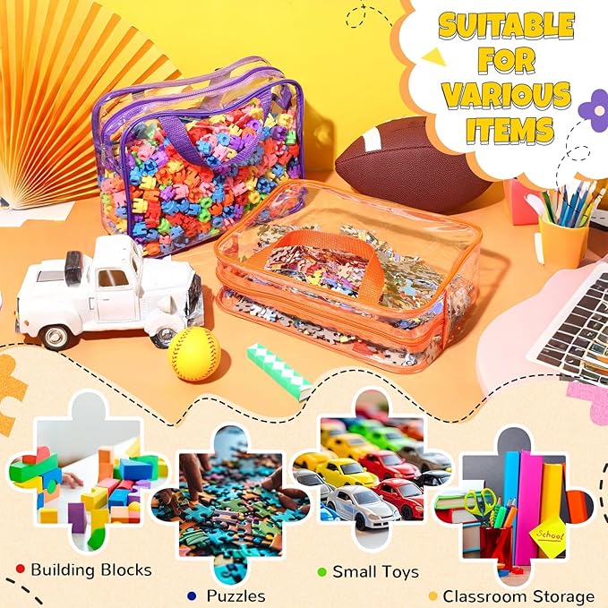 Sanwuta 4 Packs Large Toy Storage Bags Reusable Clear PVC Organizing Case Bags with Two Handles Waterproof Toy Container for Board Games, Building Blocks, Puzzles, Small Toys and Kids Books(Vivid)