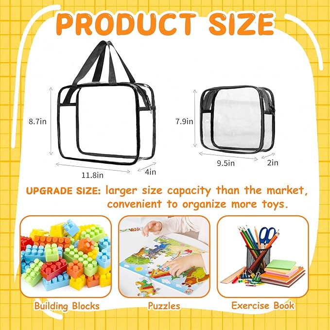 9 Pcs Toy Storage Bags, Clear PVC Toy Organizer Bag Include 6Pcs Large Handheld and 3Pcs Medium Zipper Bags with Labels for Organizing Board Game, Building Blocks (Black)