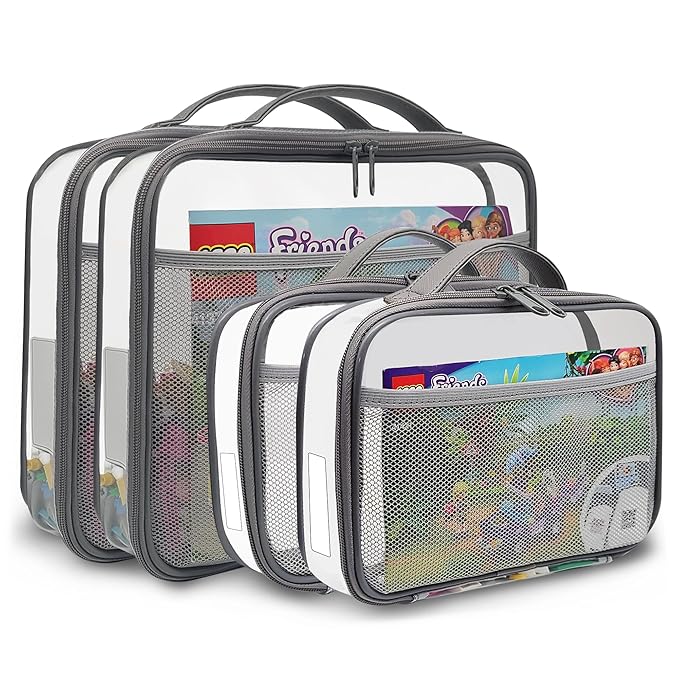 holay 4 Packs PVC Zippered Blocks Set, Toy, Clay, Board game Storage Organizer Case (Name Tag, Manual Pocket) (Gray, Small, Large)