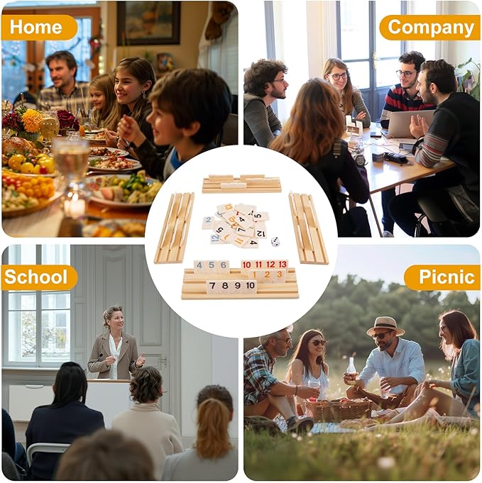 Classic Rummy Tiles & Cube Game Set with 106 Large-Number Tiles, 4 Wooden Racks & Dice - Family Board Games for Adults & Kids, Rummy Tile Games for 2-4 Players, Funny Night Game