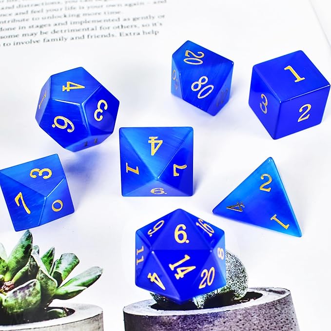 Gemstone DND Stone Dice Sets D&D 7 Pcs Polyhedral Dice Set Handmade Blue Cat's Eye Stone Dice Set Natural Gemstone Dice Sets with Metal Case for Dungeons and Dragons RPG MTG Tabletop Games