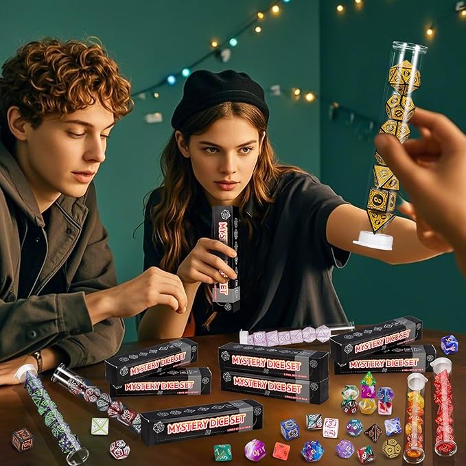 QMAY Mystery Dice Box - 7PCS DND Dice Set, Random Dice Patterns, 1Surprise Boxes, Polyhedral Dice with Dice Display Tube, D&D Gifts Box for Dungeons and Dragons, RPG, MTG,Role Playing Table Game