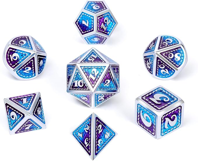 Dragon Scale Metal Dice Set D&D, DNDND 7 PCS Metallic Dungeons and Dragons with Gift Metal Case DND Dice (Blue and Purple with Silver Edge)