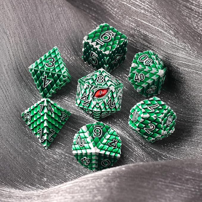 Metal Dice Set D&D,7 PCS Dragon Scale Metallic DND Dice Set,Dragon Eye Metal Dice with Gift Metal Box for Dungeons and Dragon Tabletop Game (Green Dragon Scale & Red Eye)