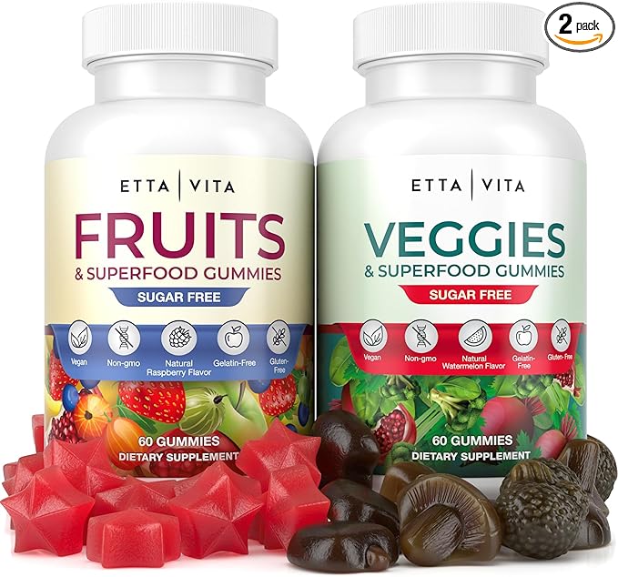 Everyday Debloat & Detox Sugar-Free Fruits and Veggies Gummies - Energy Support with Superfood Fruit and Vegetable Supplement (120 Chews) Cruelty-Free, Vegan, Gluten-Free, Fruit and Vegetable Vitamin