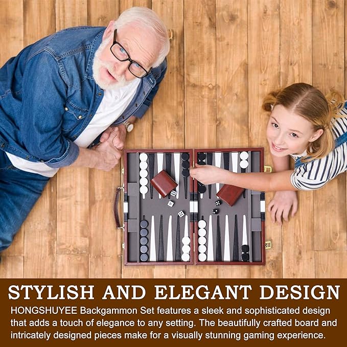 Backgammon Sets for Adults, 15 inch Backgammon Brown Sets Classic Board Game with Premium Leather Case, Portable Travels Strategy Backgammon Game Set for Adults, Kids (Brown)