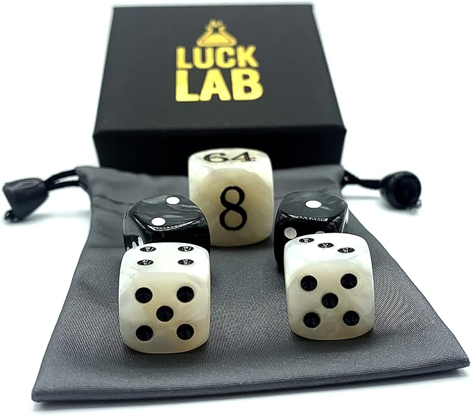 Luck Lab Backgammon Pearl Dice Set - 22 mm Doubling Cube and Four 16 mm Dice with Bonus Storage Bag, Black/White Marbleized