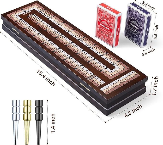 VAMSLOVE Wooden Cribbage Board Game Magnetic 3-Track Scoreboard with Large Slots for Storing 2 Playing Cards and 9 Metal Pegs, Travel Family Game Night (Instruction Included