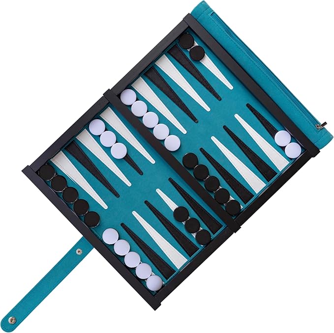 Deluxe Travel Backgammon Set – Roll-Up Board with Magnetic Wooden Frame, Dice Cups and Bag - Unique Travel Backgammon Set for Adults
