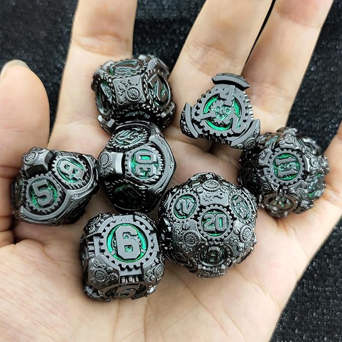 Geakeeper Construct D&D Dice, Metal DND Dice Set, 7Pcs Polyhedral Dragon Metallic D&D Dice with Gift Case for Dungeons and Dragon Game, RPG Role Playing Table Game Gifts (Black Nickel Green)