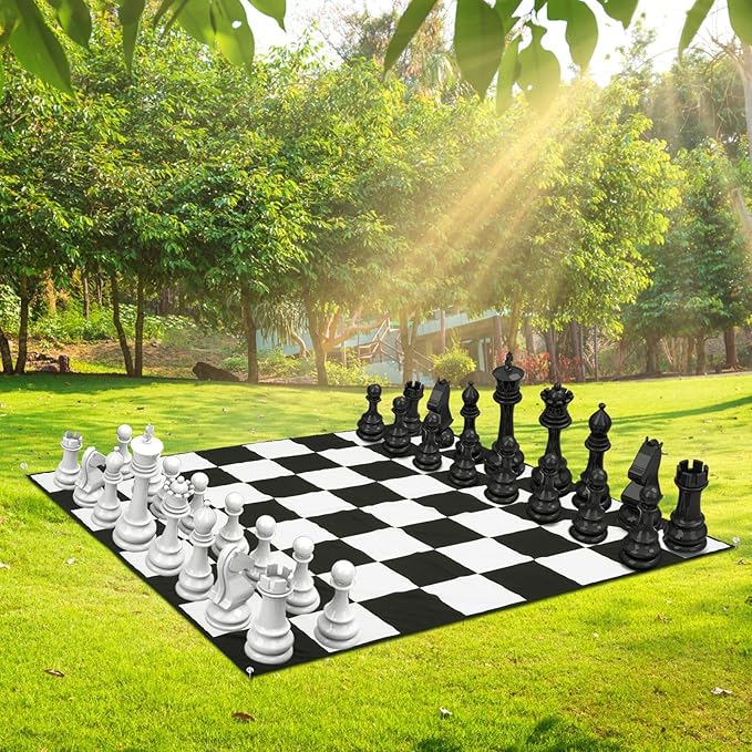 5x5ft Giant Chess Game Mat Nylon Board Mat for Outdoor with 4 Ground Nails and Storage Bag, Compatible with 12 16 Inch Giant Chess Sets and 4 Inch Large Checkers, Checker Not Included