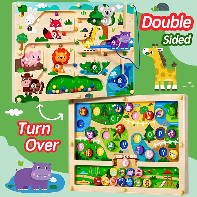 2 in 1 Magnetic Color and Number Maze Magnet Alphabet Counting Dinosaur Double Sided Board Wood Puzzle Fine Motor Skills Montessori Preschool Toys Gifts for Boys and Girls 3-5 Age (Zoo, One Size)