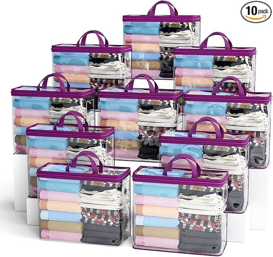10PACK Clear Zippered Storage Bags for Clothes, 22L Clear Storage Bag, and Blanket Storage Bags for Bedding, Linen, Blankets, Comforters, Clothing & Toys (Purple)