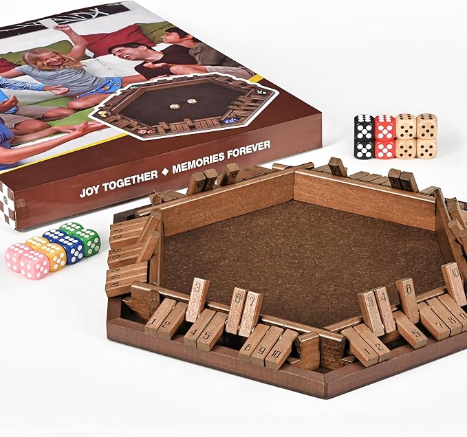Ropoda 6-Way Shut The Box - Upgraded 1-6 Player Wooden Dice Game for Adults and Kids, Addition Training, Fun for Family Game Night - Vintage Style