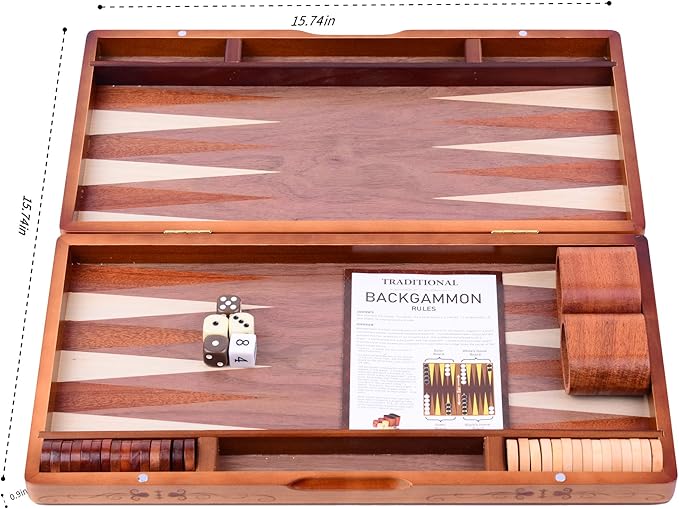 Wooden Inlaid Backgammon Set, Classic Strategy Board Game Case 15.7" Large Size, Backgammon with Checkers Pieces for Adults and for Children