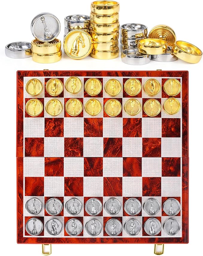 2-in-1 Metal Chess and Checkers Set for Adults & Kids –Travel Chess Sets Luxury Wooden Foldable Chessboard with Storage – Portable Classic Family Strategy Board Game with Metal Chess Pieces