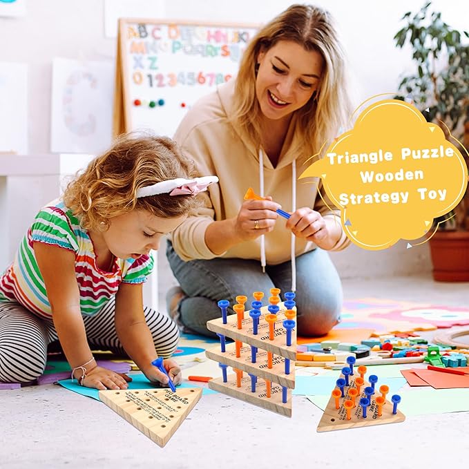 54 Pack Wooden Triangle Peg Game Fun Peg Board Games Learning Puzzles Strategy Toy Family Wooden Educational Board Game for Teens Adults Travel Gathering