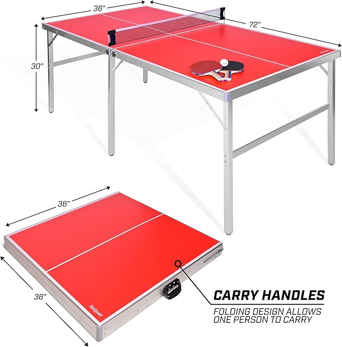 GoSports Mid-Size Table Tennis Game Set - Red or Blue - Indoor/Outdoor Portable Table Tennis Game with Net, 2 Table Tennis Paddles and 4 Balls