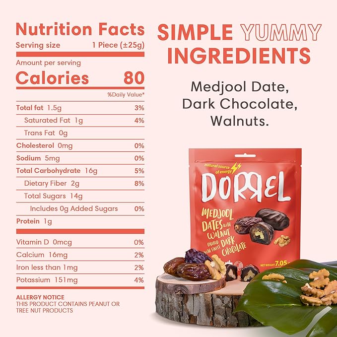 DORREL - Trio Bundle Pack: Belgian Dark Chocolate Covered Dates Medjool with Walnuts, Salted Almonds & Pistachio Stuffing, High Energy Kosher Non-GMO Choco Snack Pack of 3, 7.05 oz Ea