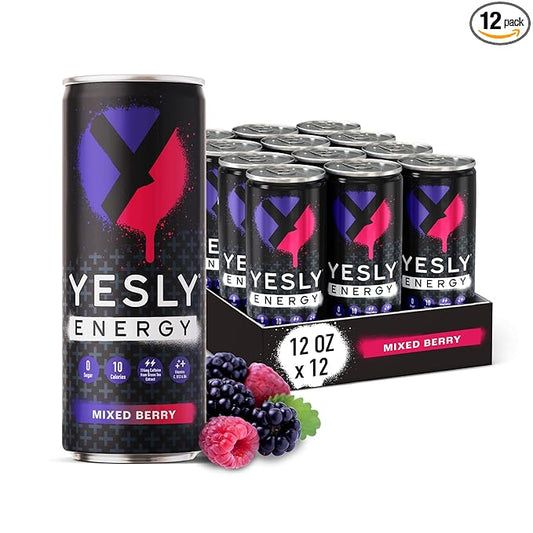 Yesly Energy Drink, Mixed Berry, Naturally Flavored Sparkling Energy Drink With Electrolytes, Magnesium, Potassium, Vitamin C, B6 & B12, Natural Caffeine From Green Tea, 12 Fl Oz Cans, 12 Pack