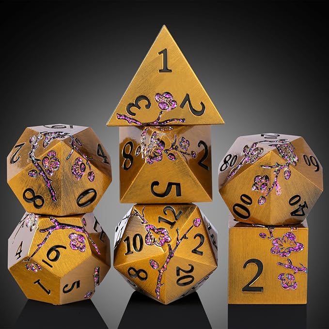 DNDND Flower Metal DND Dice, 7 PCS Heavy Solid Metallic Dragon Dice Set with Gorgeous Gift Case for D&D Dungeons and Dragon Tabletop Game (Ancient Brass)