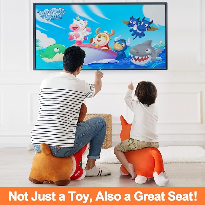 iPlay, iLearn Bouncy Pals Fox Hopping Horse, Plush Inflatable Animal Hopper, Indoor n Outdoor Ride on Jumping Bounce Toys, Birthday Gift for 18 Months 2 3 4 5 Year Old Kids Toddlers Boys Girls