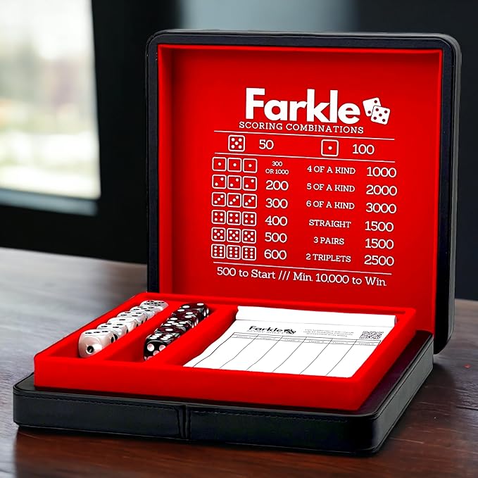 Luck Lab Farkle Dice Tray and Storage Case - Includes Embedded Scoring Combinations, 2 Sets of 6 Pearl Dice, 40 Sheet Score Pad and Pen Holder for The Classic Family Game (Red)
